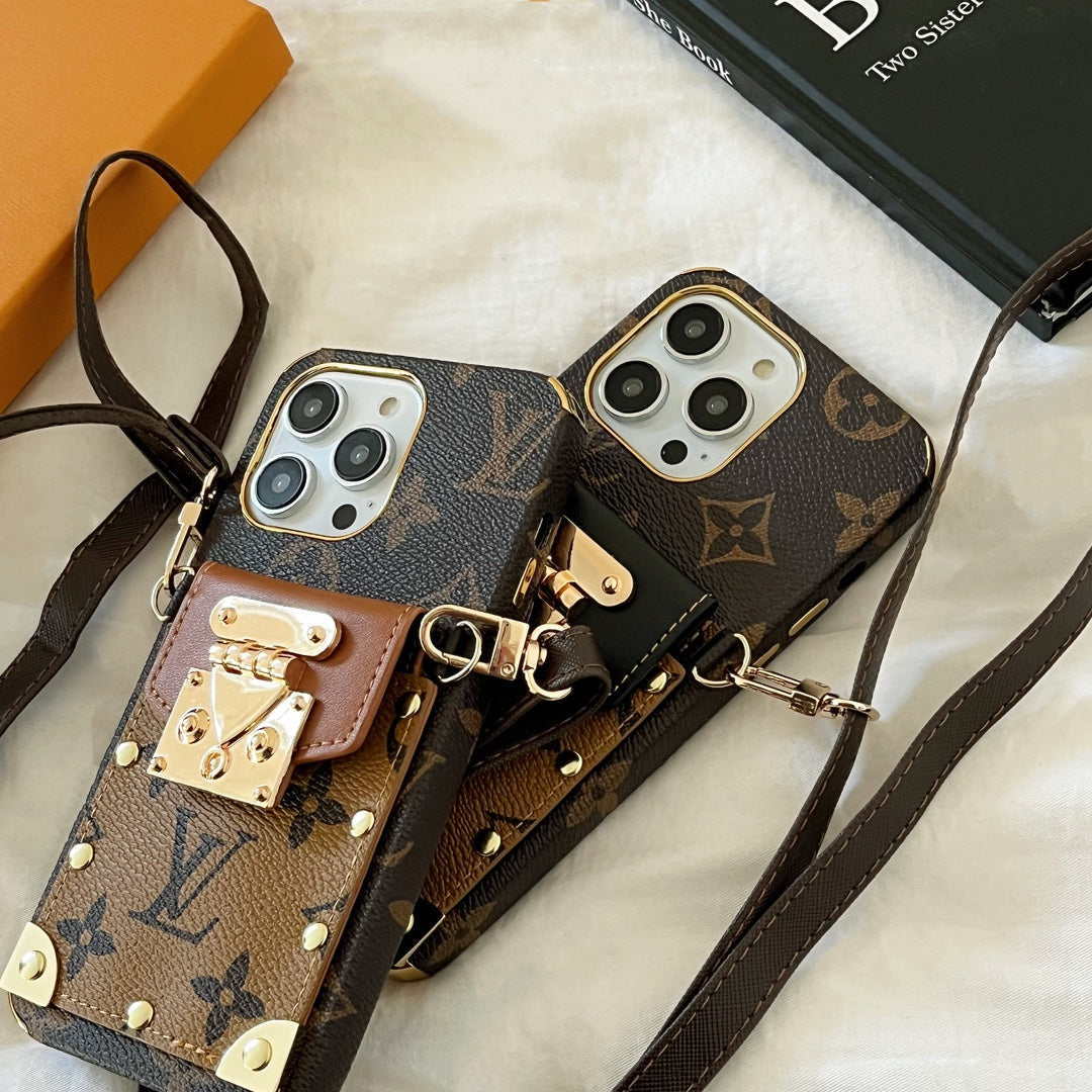 카드 홀더 및 크로스 바디 스트랩이있는 세련된 LV iPhone 케이스
