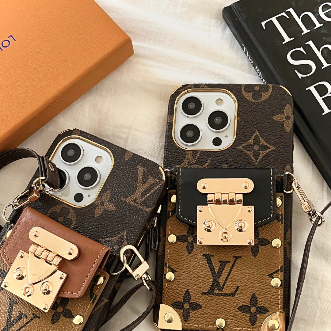 카드 홀더 및 크로스 바디 스트랩이있는 세련된 LV iPhone 케이스