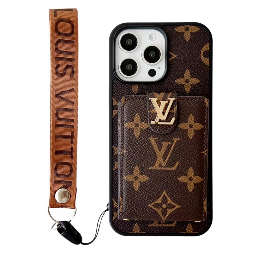 카드 홀더와 일치하는 래니드 스트랩이있는 LV 모노그램 iPhone 케이스