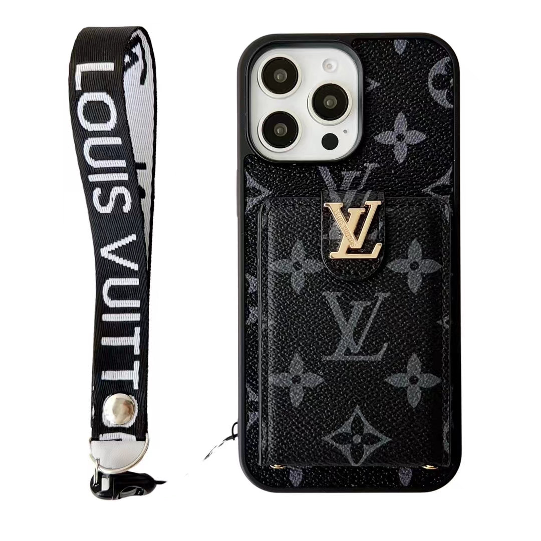 카드 홀더와 일치하는 래니드 스트랩이있는 LV 모노그램 iPhone 케이스