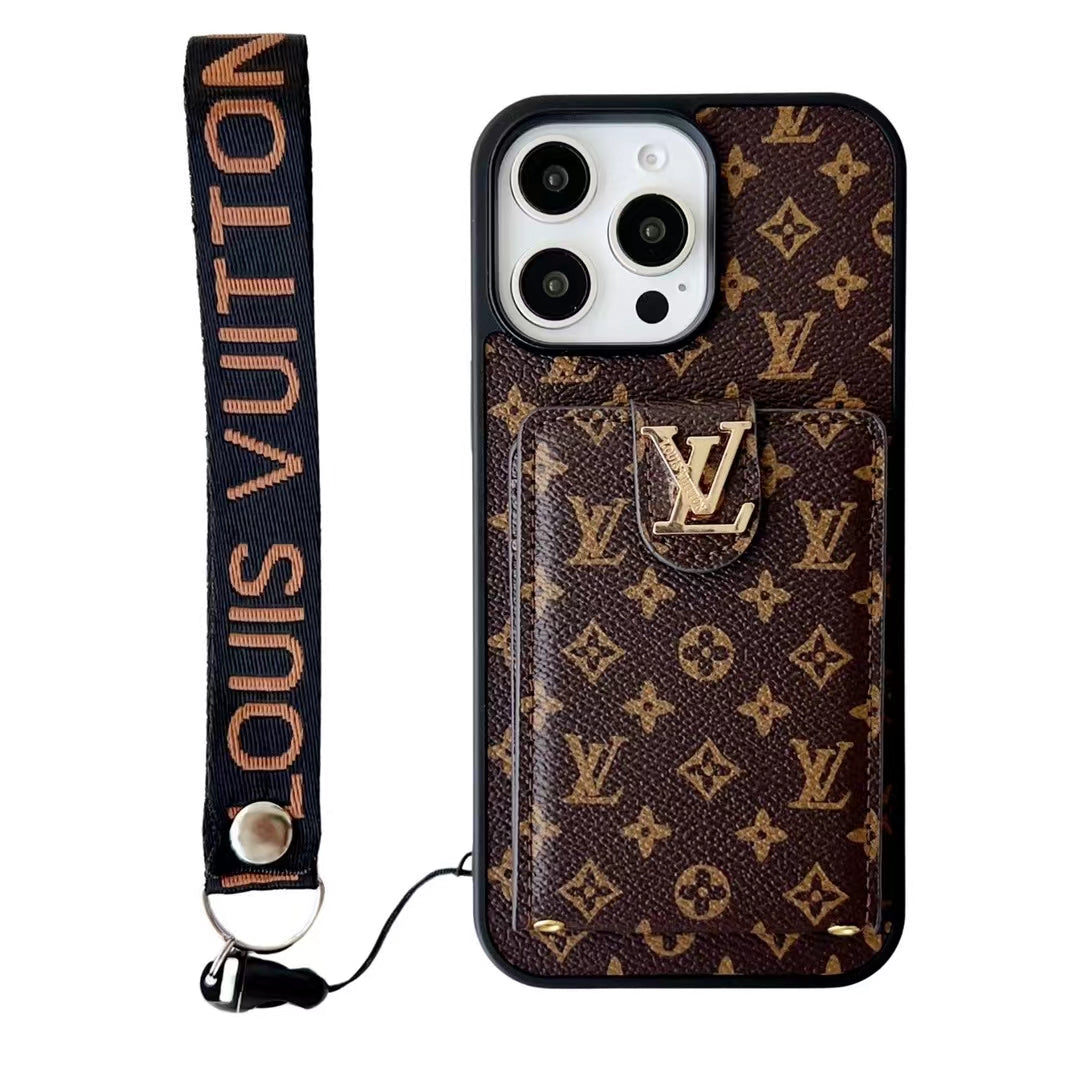 카드 홀더와 일치하는 래니드 스트랩이있는 LV 모노그램 iPhone 케이스