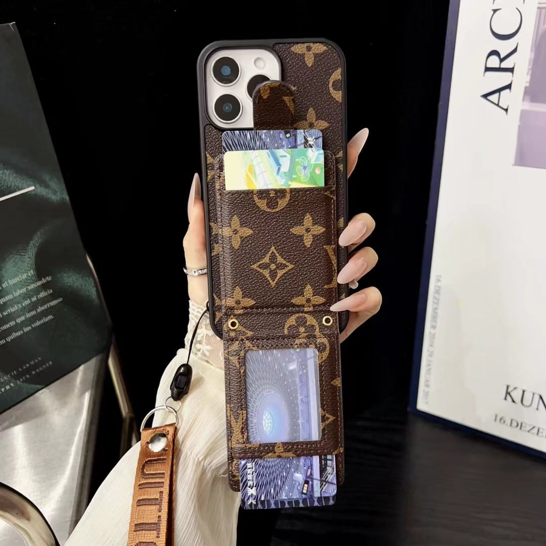 카드 홀더와 일치하는 래니드 스트랩이있는 LV 모노그램 iPhone 케이스