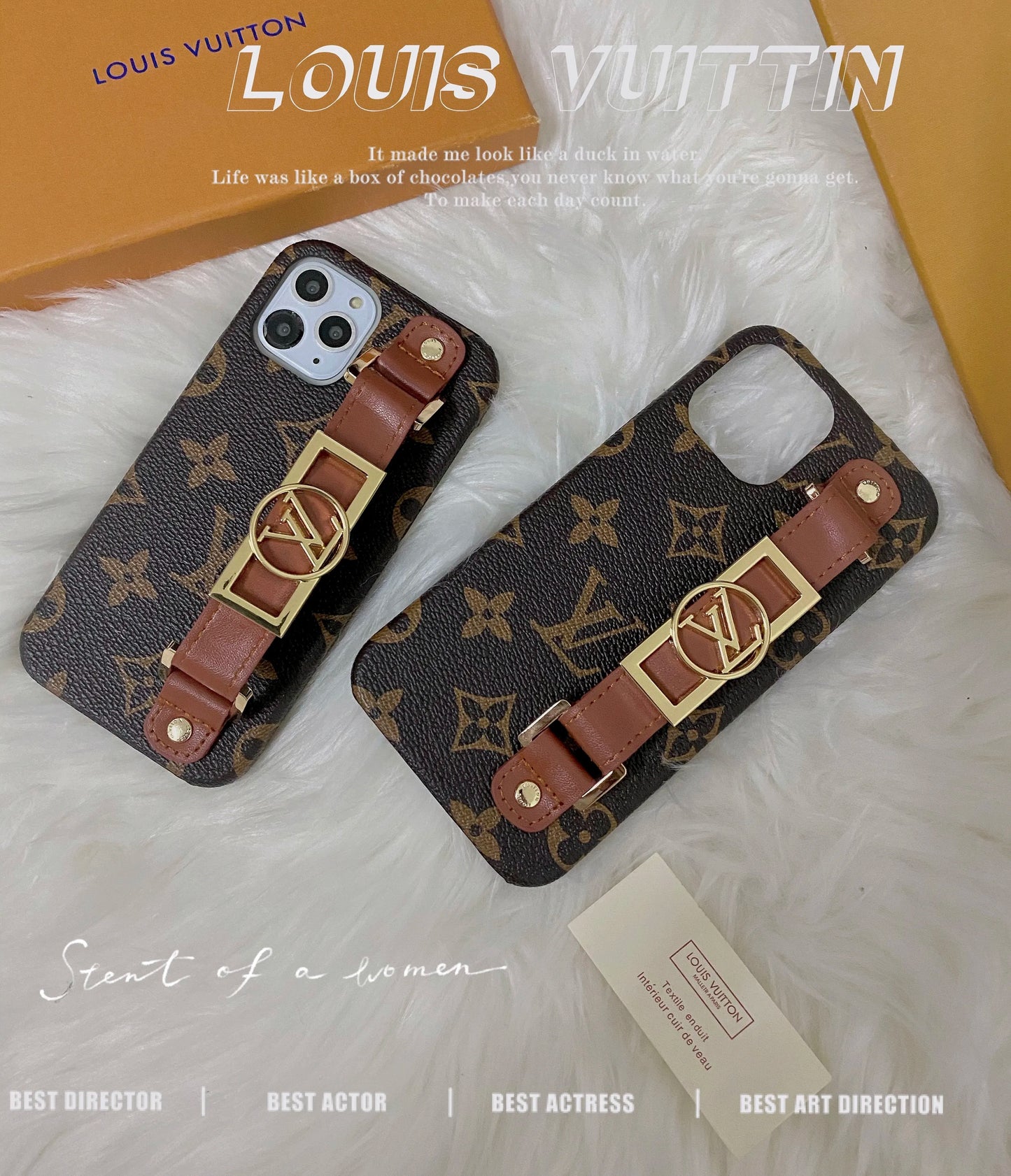가죽 v 홀더가있는 모노그램 iPhone 케이스