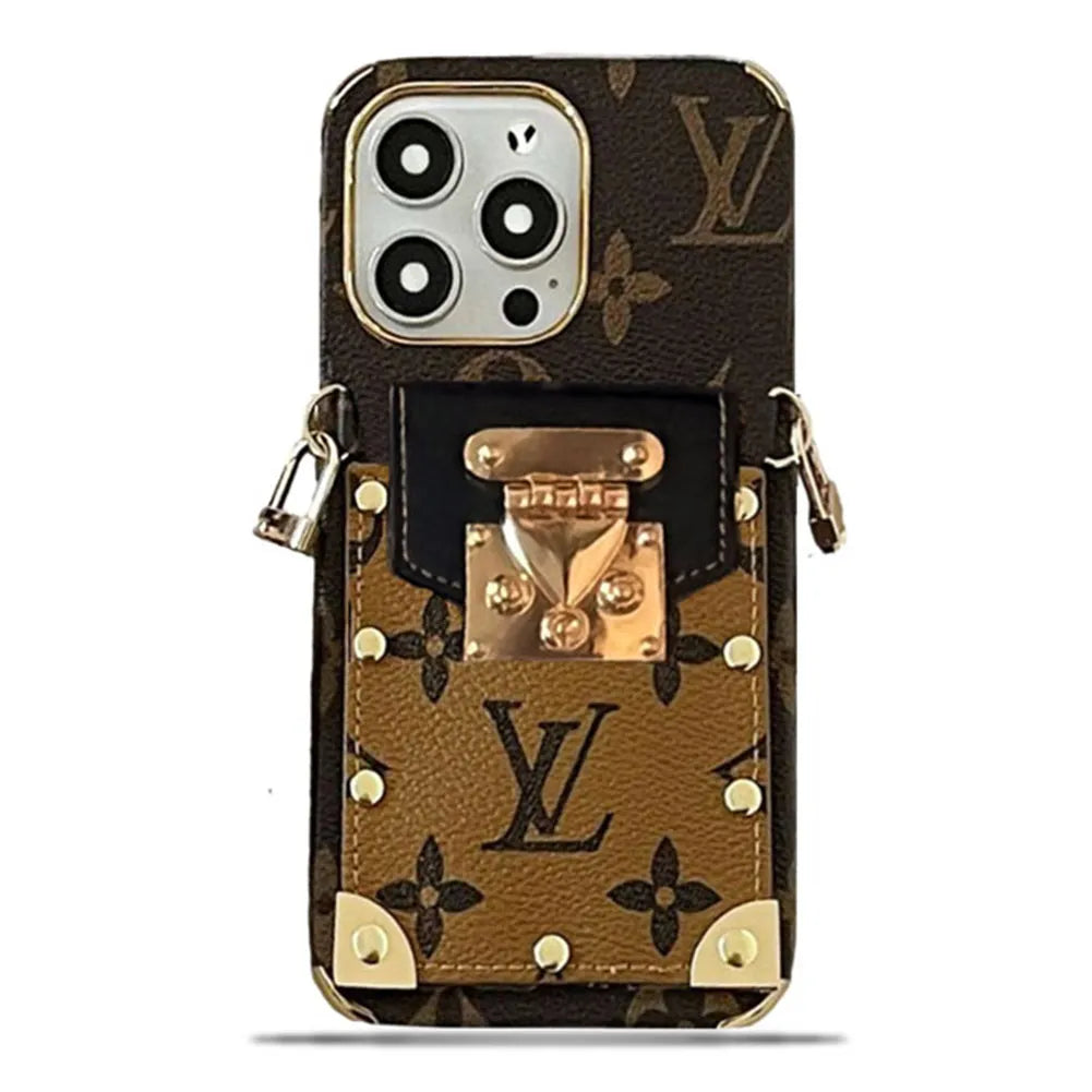 크로스 바디 스트랩이있는 모노그램 가죽 v iPhone 지갑 케이스