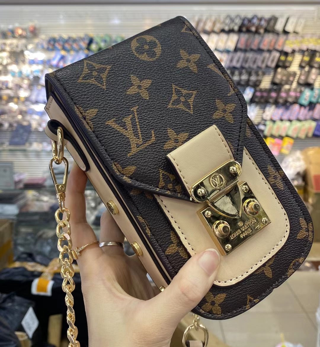 세련된 모노그램 LV 전화 주머니 및 금속 체인
