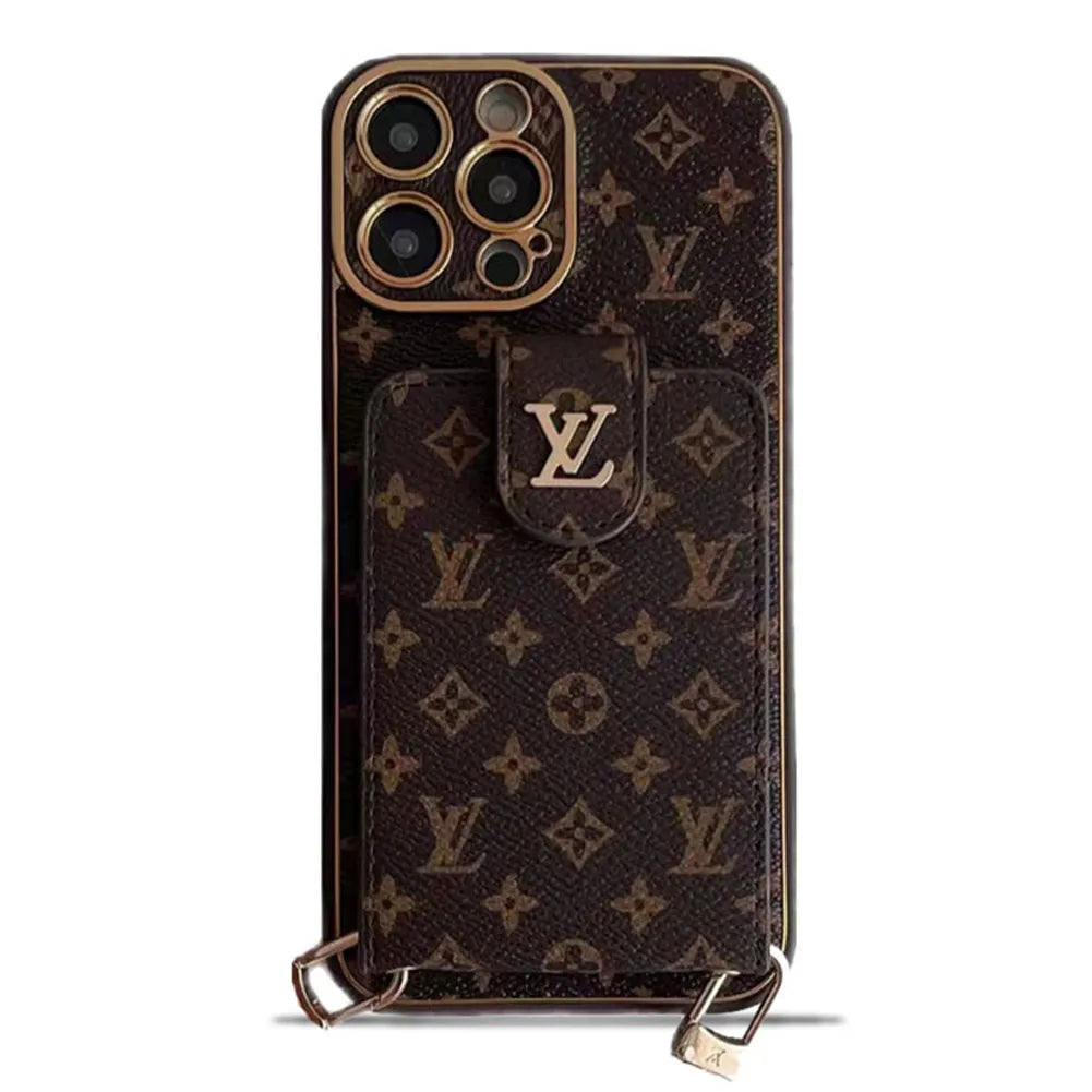 크로스 바디 스트랩이있는 모노그램 가죽 v iPhone 지갑 케이스