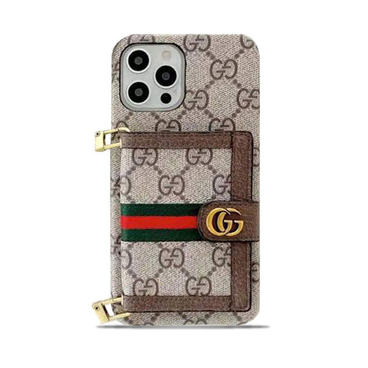 지갑과 크로스 바디 스트랩 브라운이있는 GG iPhone 케이스