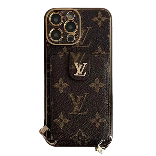 크로스 바디 스트랩이있는 모노그램 가죽 v iPhone 지갑 케이스